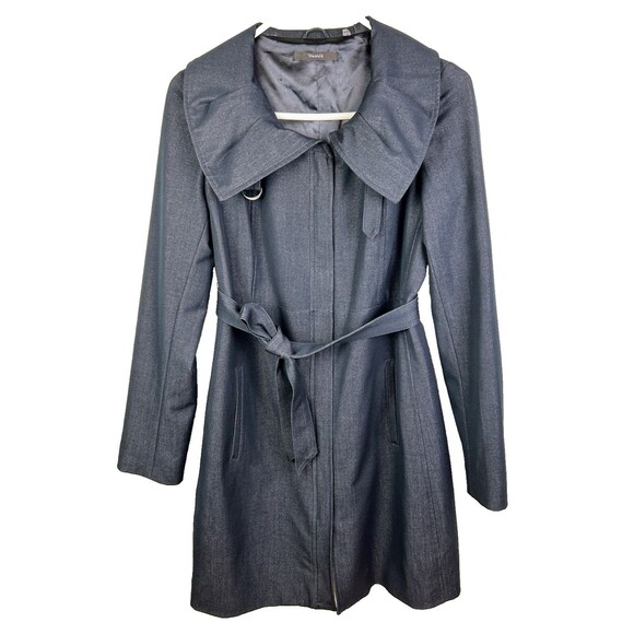 Tahari Navy Blue Chambray Trench Coat Lightweight Belted Jacket Funnel Neck XS - Picture 1 of 16